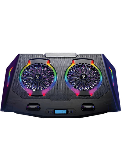 Standard Laptop Cooler Support ICE-07 With RGB Cool Light in both sides - 7 flowing lights mode , LCD Screen - 2 Fans Multi-Gear - Multi Angle , 2USB ports & 5 Levels And mobile phone holder , Foldable Anti-Skid Baffle ( 461*294*52mm )