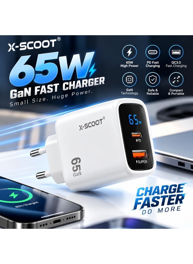 CH-272 65W Smart Fast Wall Charger with LCD Power Display, Dual-Port USB-C & USB-A Charging Adapter, AC 100–240V Travel 