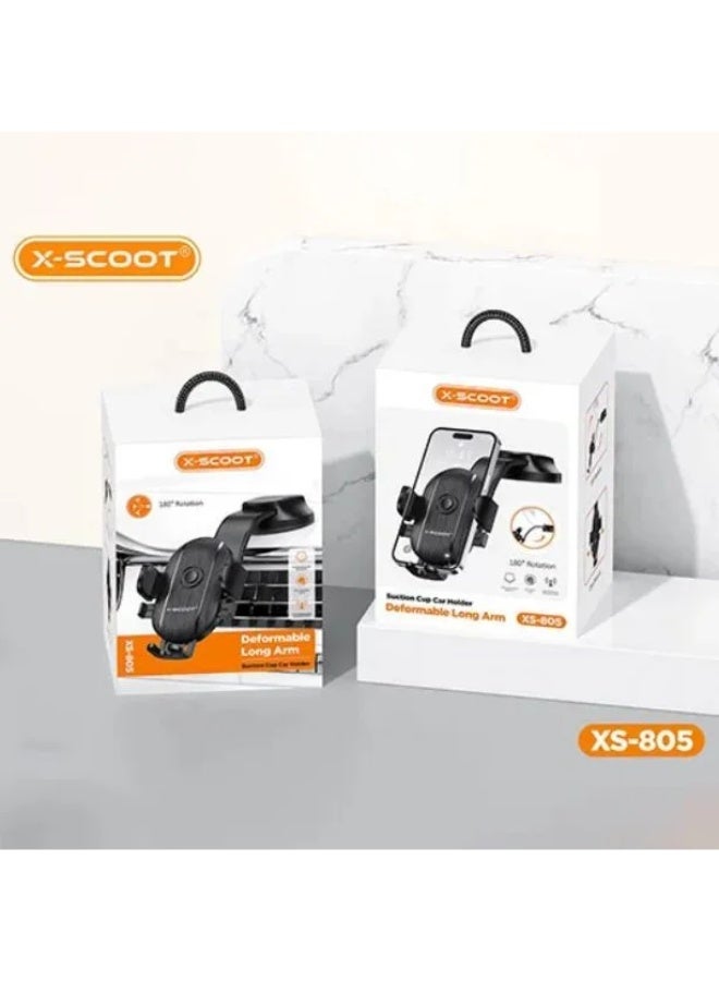 XS-805 Suction Cup Car Phone Holder with Deformable Long Arm, 180° Rotation, One-Click Lock & One-Hand Operation, Alumin