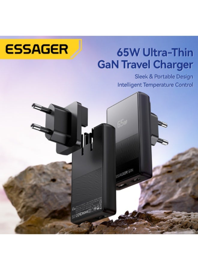 شاحن حائط ESSAGER JT-CG65AC1U1 GaN قوة 65W منفذين PD رفيع أسود