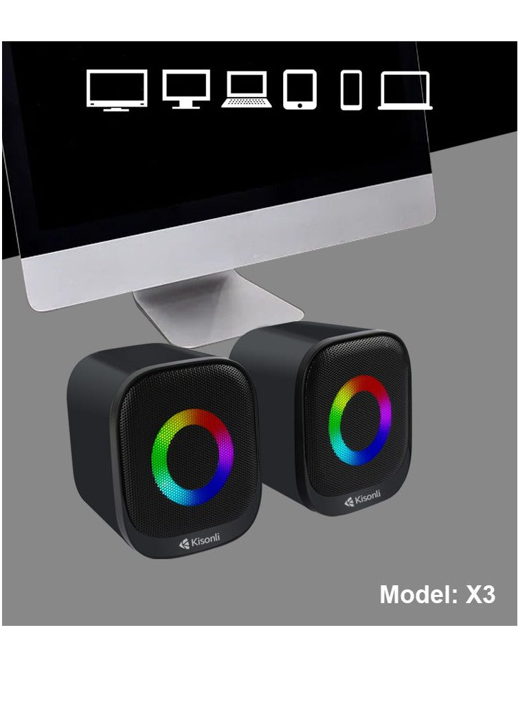 Kisonli Wired RGB Multimedia Speaker for PC and Laptop – 3W / 2.0 Channel X3