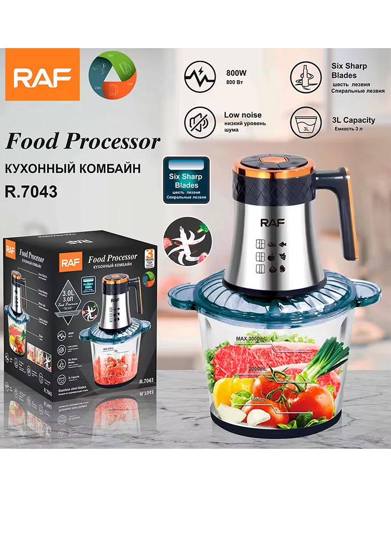 RAF Powerful meat and vegetable grinder, contains a grinder, a quad blade, and a 3.0 liter glass bowl with a capacity of 800 watts, model R.7043.