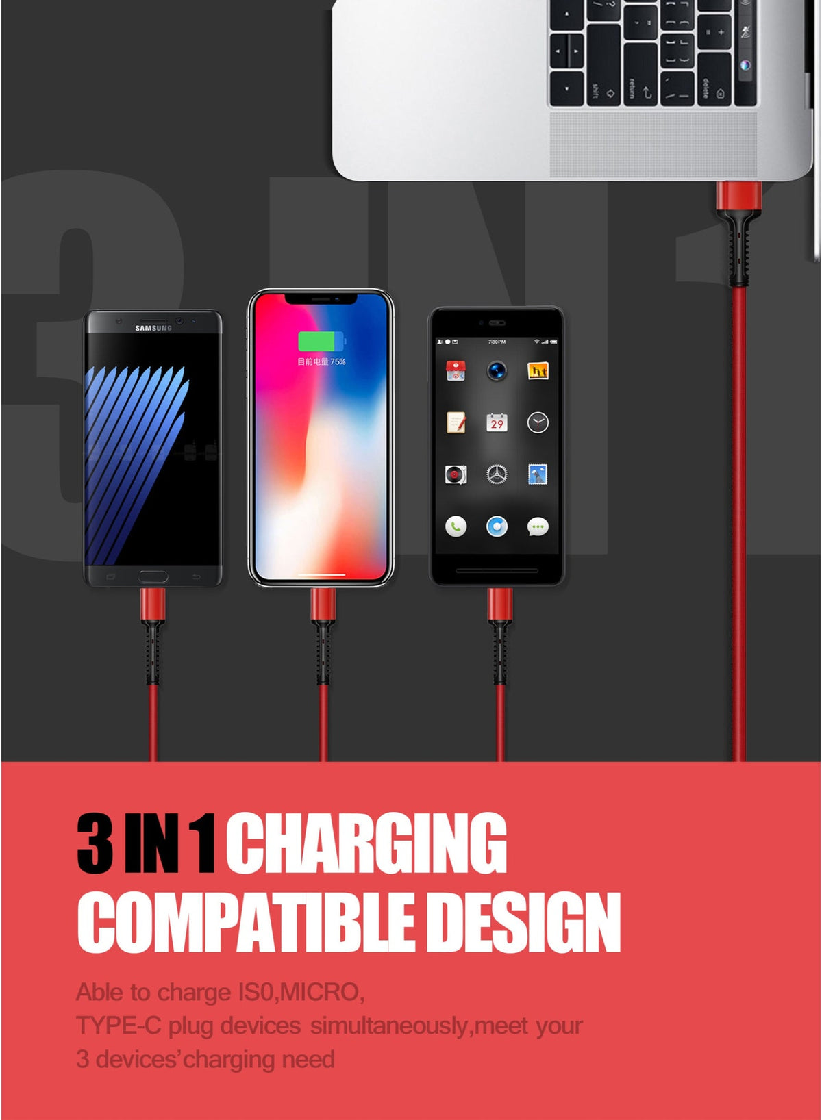 3 in 1 Fast Charging Cable 3.4A, LC93 1.2m USB to Type-C, Lightning & Micro Connectors, Durable PVC Design for Quick Cha