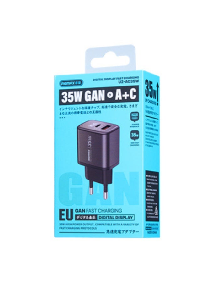 35W GaN Fast Charger with Digital Display U2-AC , Dual Port Type-C & USB Adapter for Laptop, iPhone, and Android