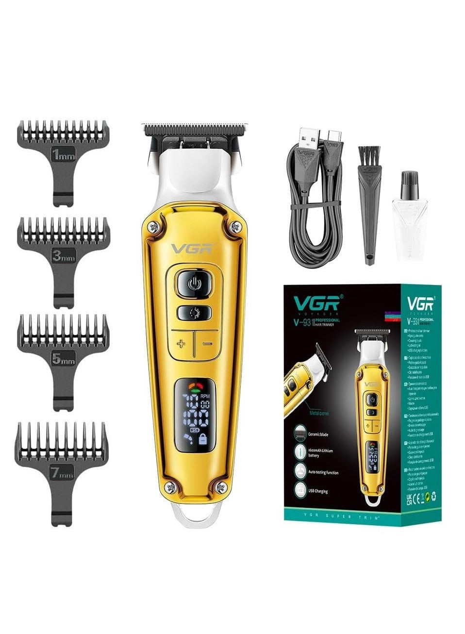 VGR V-931 Professional Hair Trimmer with Digital Display, 5500-7000RPM Button, Ceramic & Powder Metallurgic Blade,4 Cutting Combs, 240min Runtime,1600mAh Lithium Battery