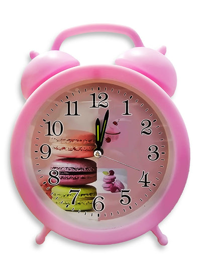 Charming mini cartoon alarm clock, cute office decor, special gift, bedroom decor, creative classic design, cheerful pink color with macaron sweets drawing in the background