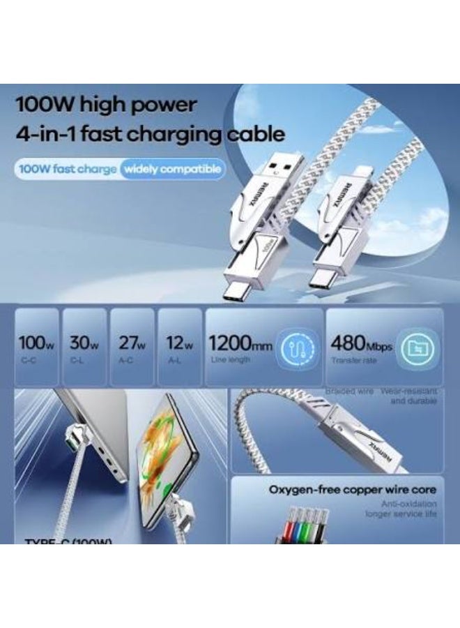 RC-C119 4 in 1 Fast Charging Cable 1.2M, USB-A and USB-C to USB-C and Lightning Charging Cable, 100W Power Delivery Fast