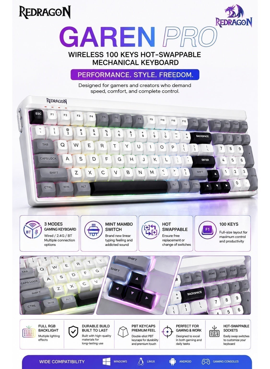 K656 Pro 3-Mood Mechanical Gaming Keyboard – Triple-Mode Connectivity (Bluetooth 3.0/5.0, 2.4GHz & USB-C Wired), 100-Key