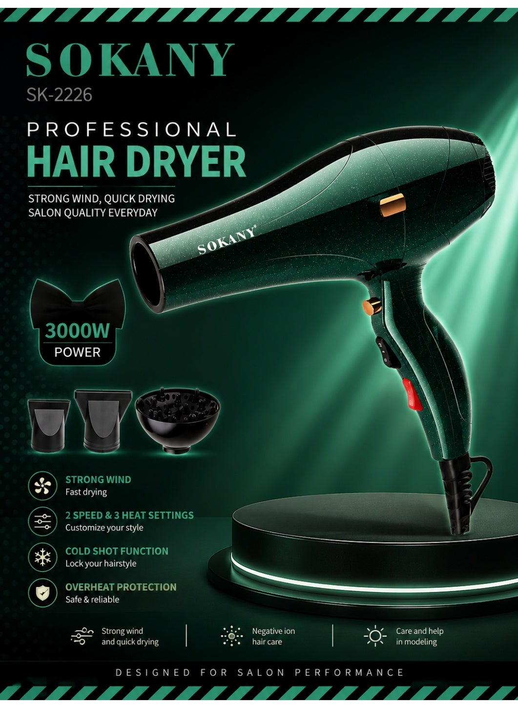 SK-2226 Professional Hair Dryer – 3000W High-Power Motor, 3 Styling Attachments, 2 Speed & 2 Heat Settings, Hot & Cold A