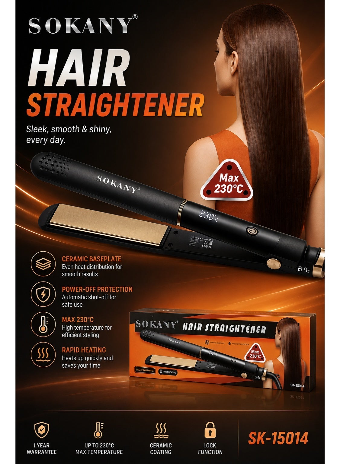 SK-15014 Hair Straightener – PTC Fast Heating, Digital Display, Temperature up to 230°F, Anti-Scalding Design, 360° Swiv