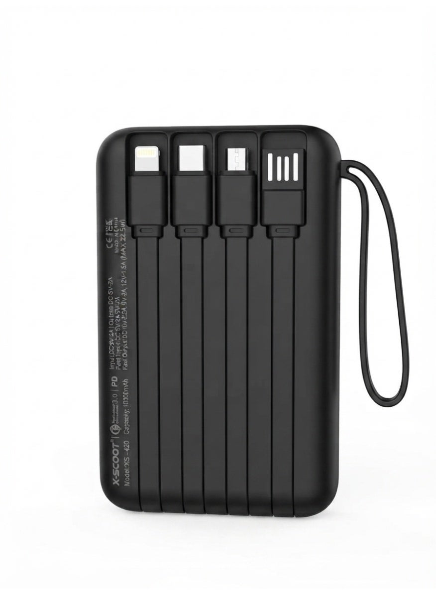 XS-420 Fast Charging Power Bank 10000mAh – Portable Battery Pack with Built-in Charging Cable, LED Display, Smart Fast C