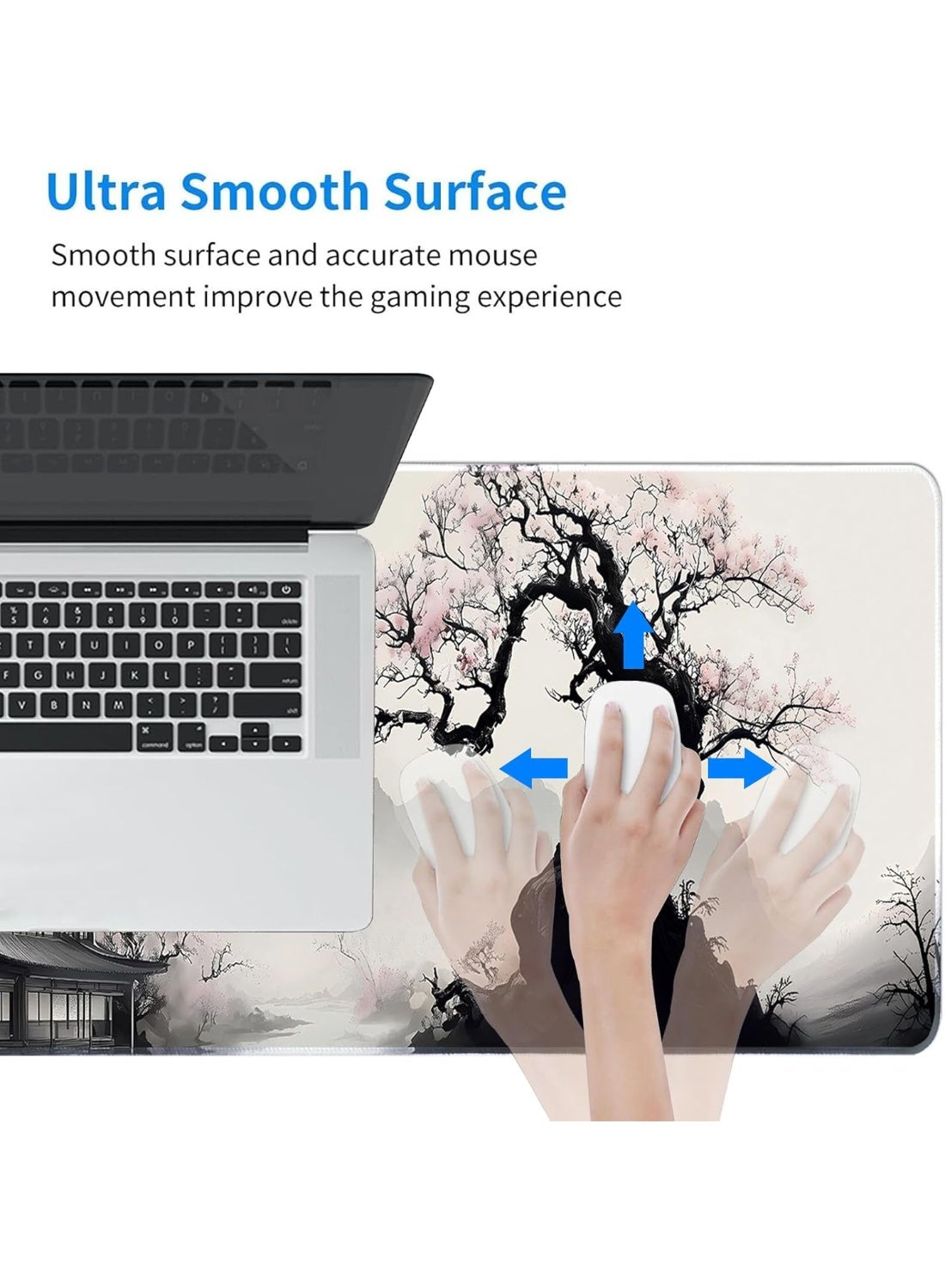 Japanes Watercolor Cherry Blossom Extended Gaming Mouse Pad with Stitched Edges 70×30cm XL Desk Mat for Gaming, Office, 