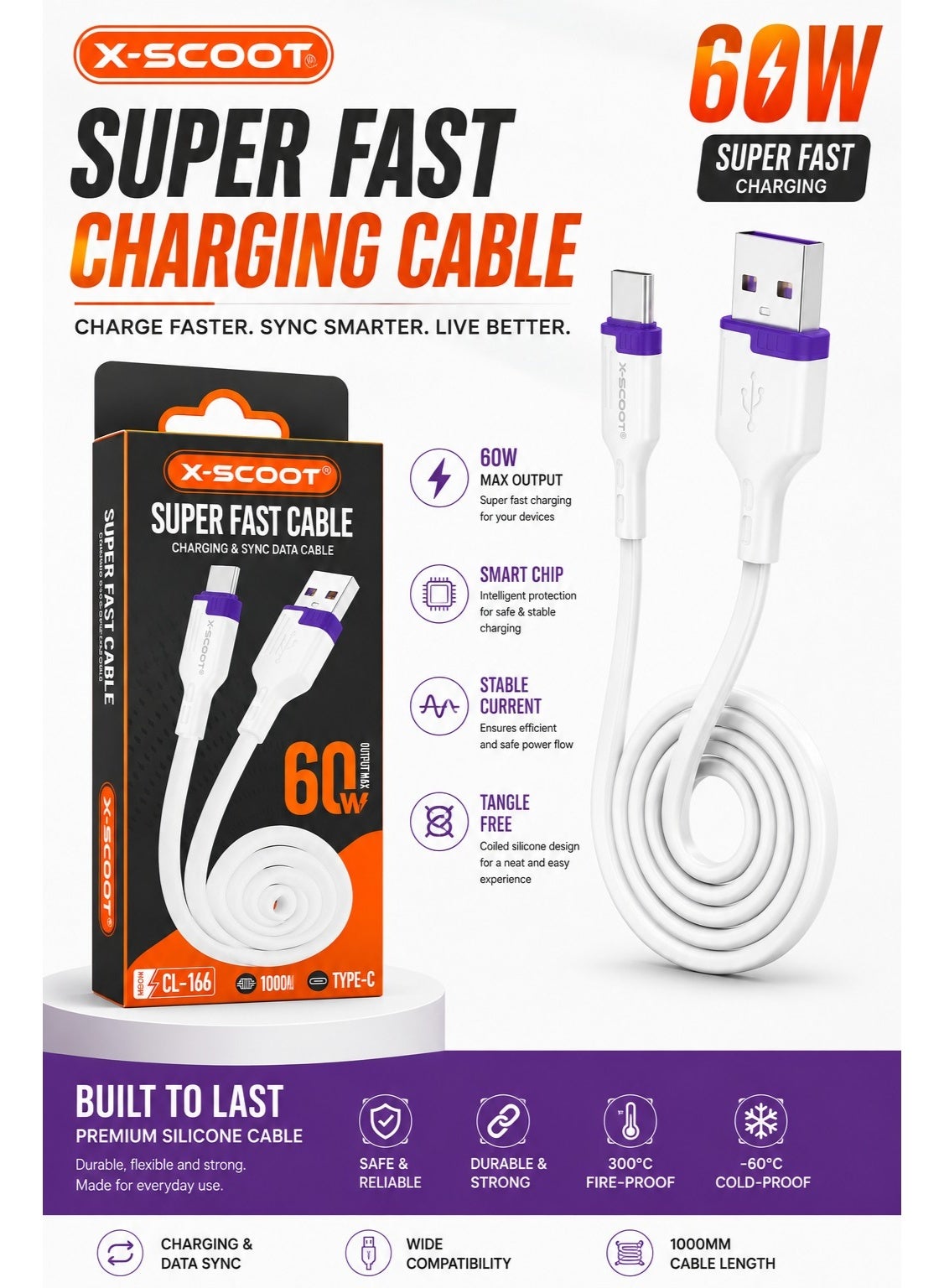 CL-166 60W USB-A to USB-C Fast Charging & Data Cable, 1M High-Speed Sync Cord, Durable Pure Copper Core, Reinforced Conn