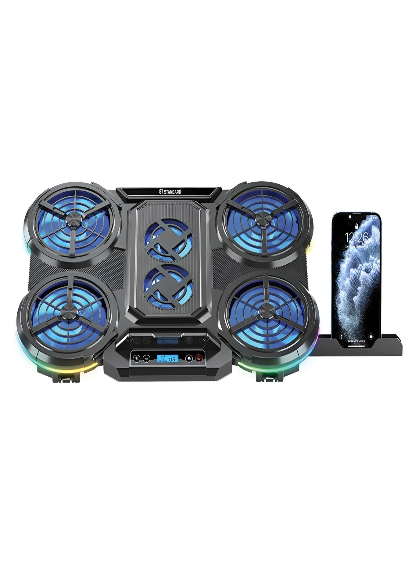 Standard Laptop Cooler Support ICE-08 With 10 RGB Lighting Modes , LCD Screen - With blue Led of fans , 2USB ports & 7 Levels And mobile phone holder ( 410x285x40mm )