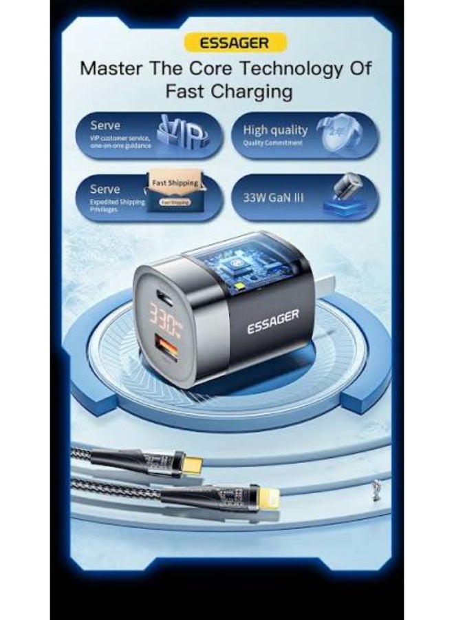 شاحن حائط ESSAGER JT-P18 GaN قوة 33W شاشة LED منفذين أسود