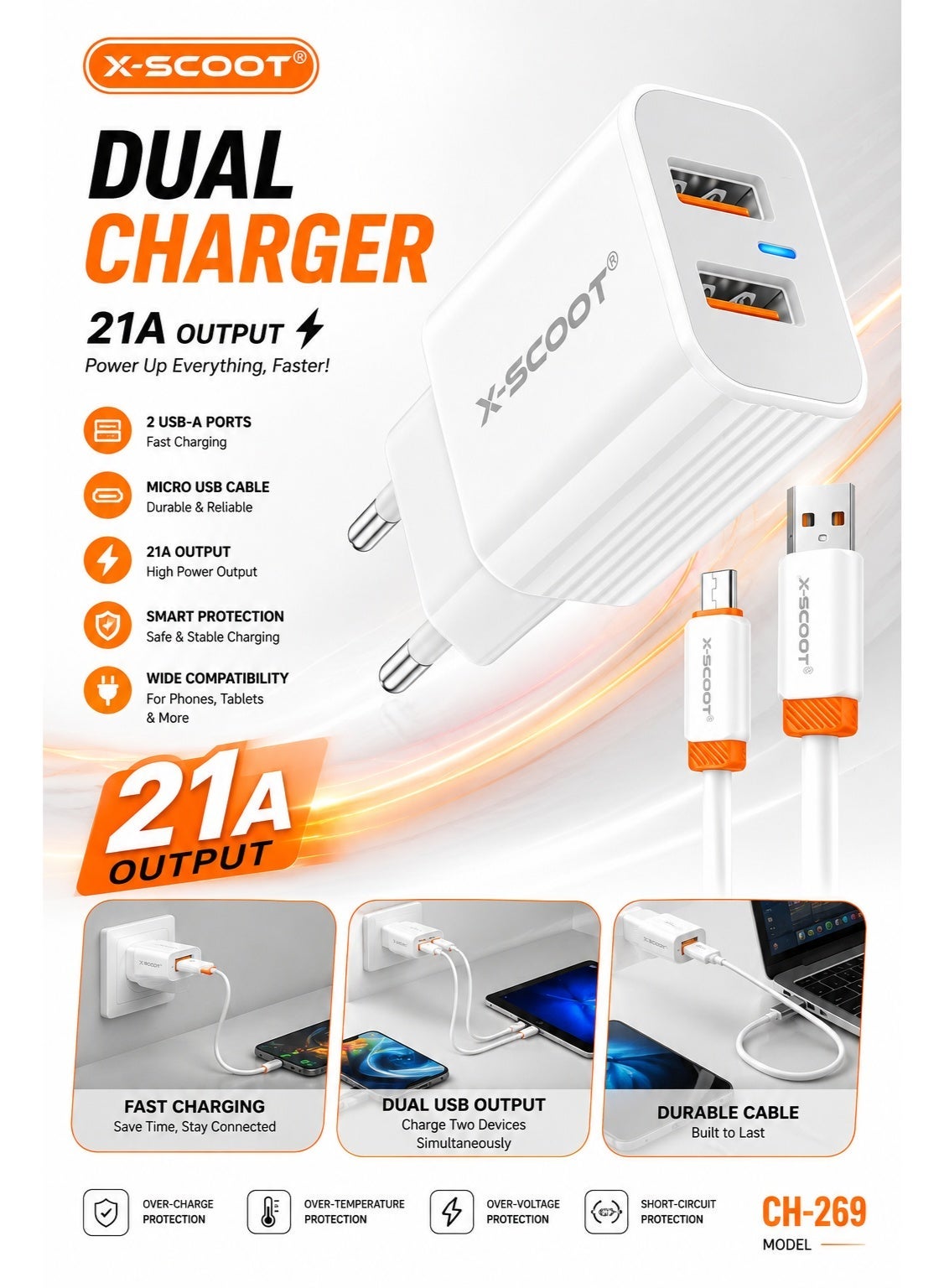 CH-269 2.1A Fast Wall Charger with Micro USB Cable – Safe & Stable Charging, Heat-Resistant Design, Intelligent Protecti
