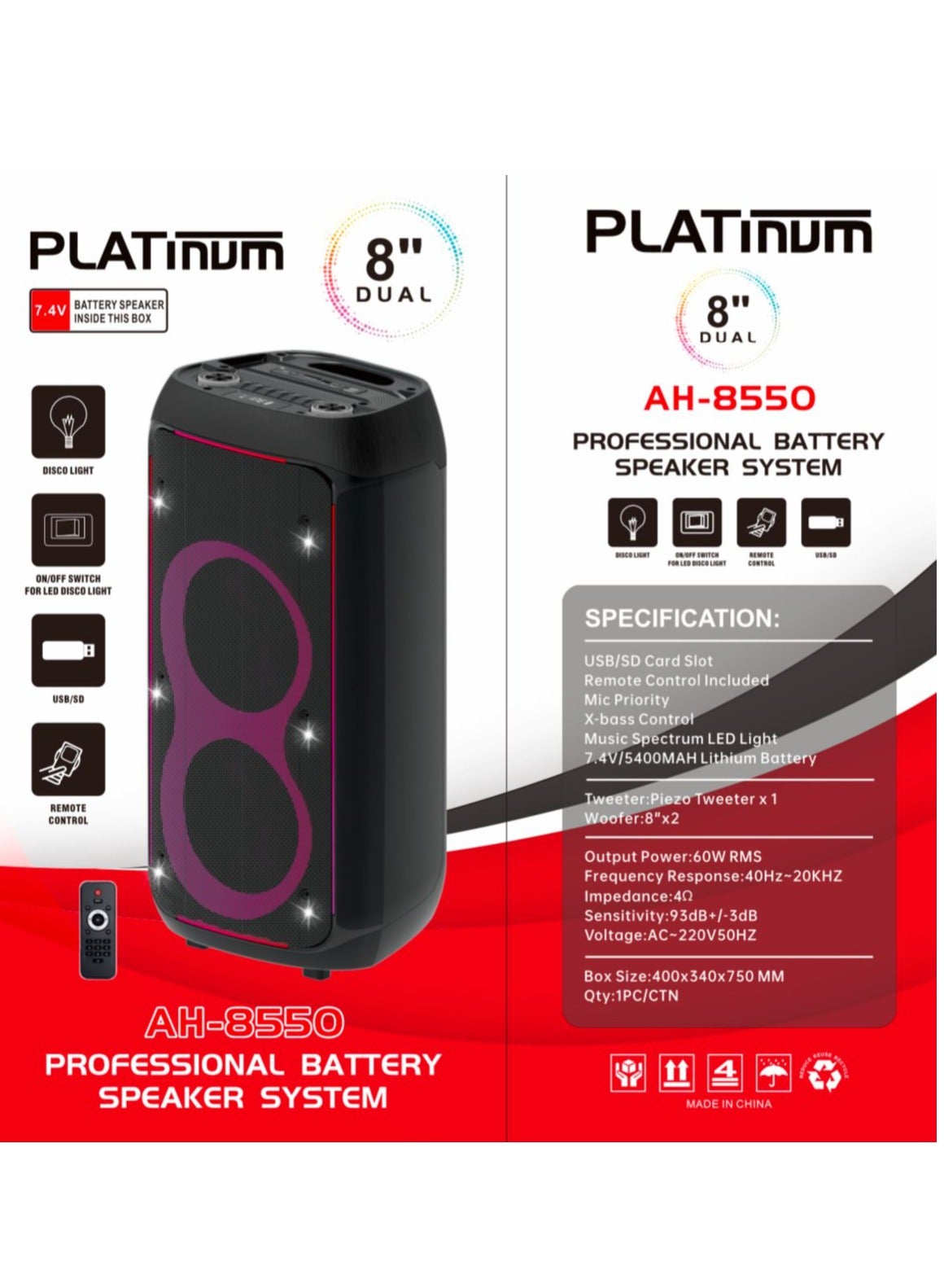 Professional Battery Powered Speaker System, 8" Deep Bass X-Bass Sound, 7.4V/5400mAh Lithium Battery, Bluetooth, SD Card