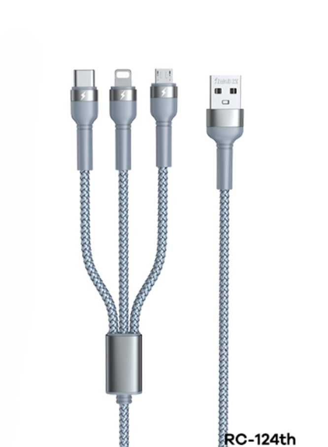 rc-124th 3 in 1 charging cable for micro, type c and micro with 3.1a and 1.2 m length set of 2 pieces - silver