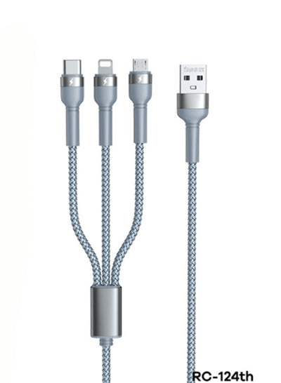 rc-124th 3 in 1 charging cable for micro, type c and micro with 3.1a and 1.2 m length set of 2 pieces - silver