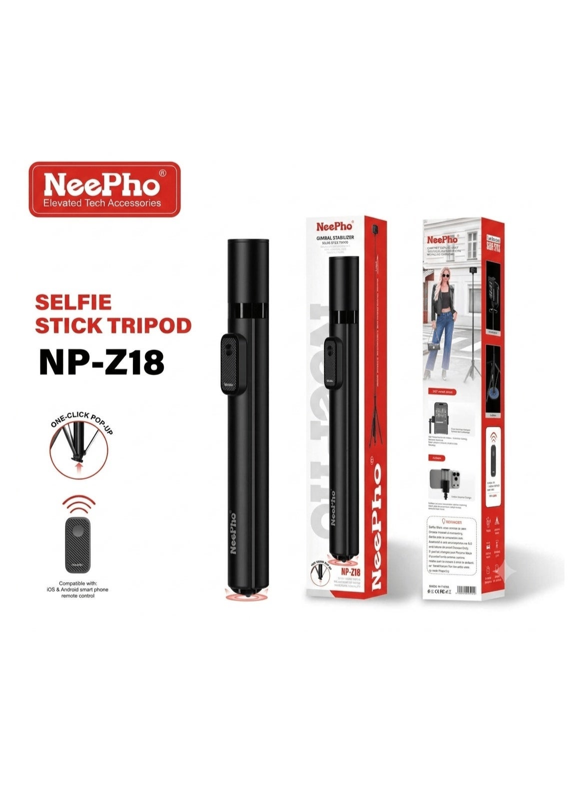 NP-Z18 Selfie Stick Tripod with Bluetooth Remote – Extra Long Extendable Phone Stand, 360° Rotating Smartphone Holder, S