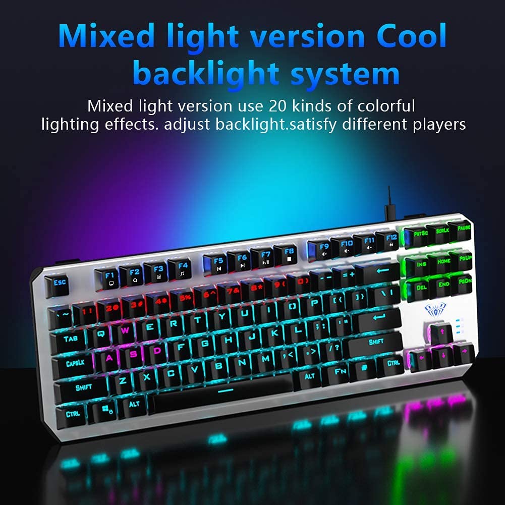 AULA F3087 TKL Mechanical Gaming Keyboard – Blue Switch – Rainbow backlight | White / Silver