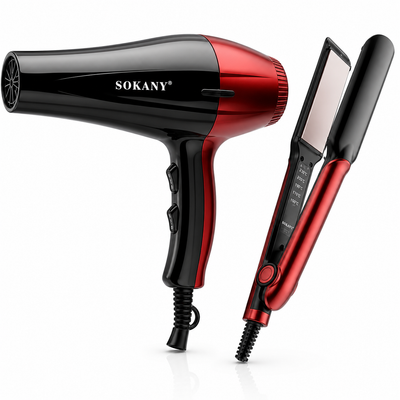 مجموعة تصفيف الشعر Sokany سشوار 2400W ومكواة 230°C موديل SK-14044 أحمر وأسود