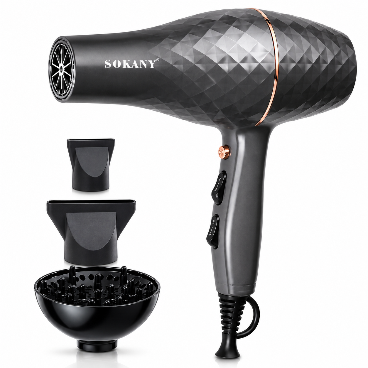 سشوار شعر Sokany احترافي 3300W بمحرك AC وديفيوزر موديل SK-2224 رمادي