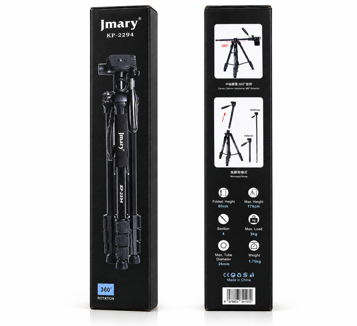 Multifunctional Professional Aluminum Tripod Stand KP-2294 with 3 Way Pan Head, Quick Release Plate & Carry Bag , Lightweight, Adjustable & Universal for DSLR, Mobile & Action Cameras - Black