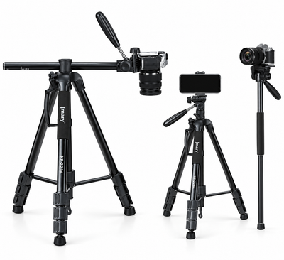 Multifunctional Professional Aluminum Tripod Stand KP-2294 with 3 Way Pan Head, Quick Release Plate & Carry Bag , Lightweight, Adjustable & Universal for DSLR, Mobile & Action Cameras - Black
