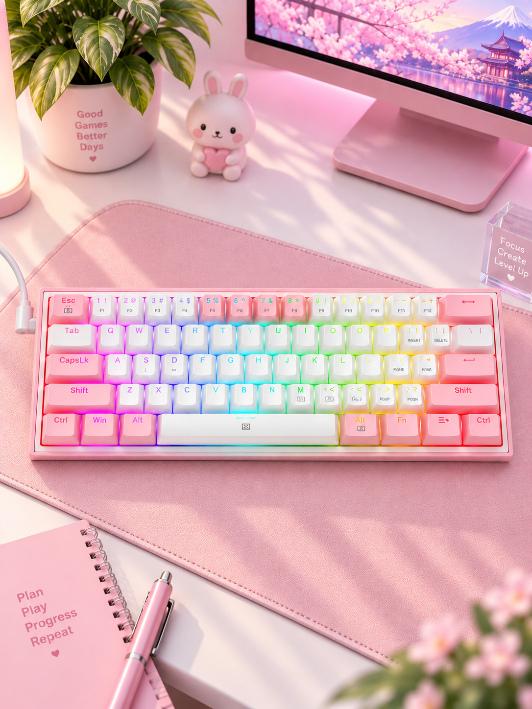 Redragon K617 Fizz 60% Mechanical Gaming Keyboard Red Switches White/Pink