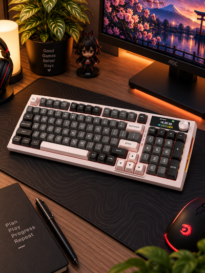 Redragon K725GBP Mechanical Gaming Keyboard LCD Screen with Knob Pink