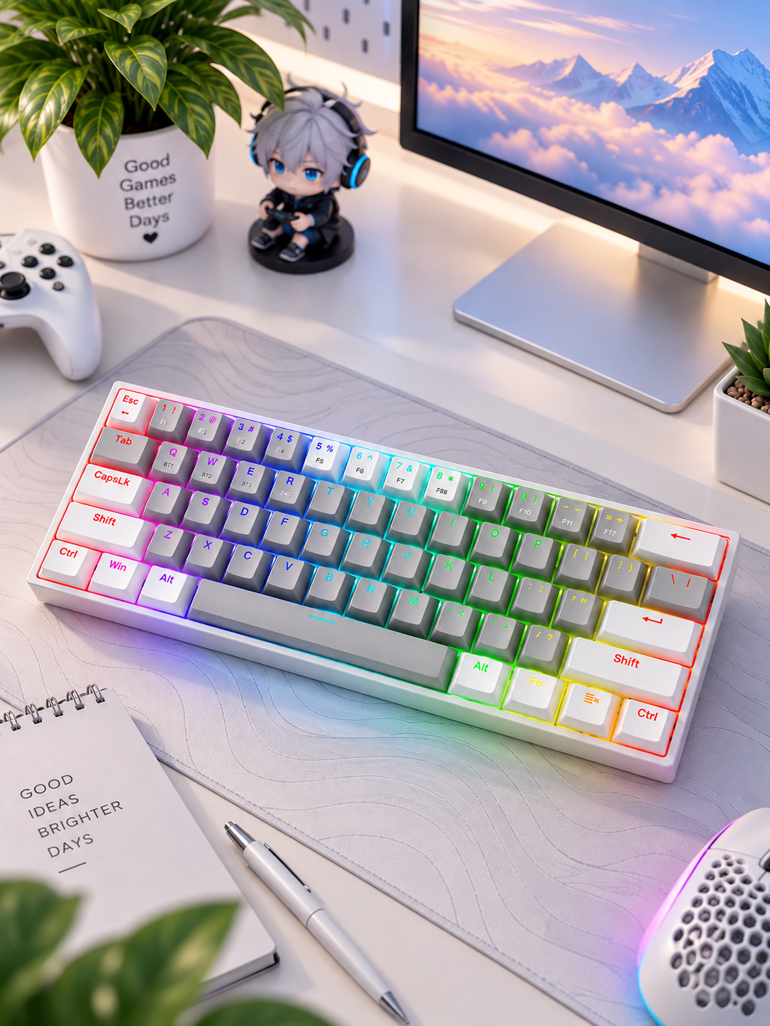 Redragon K616-RGB Fizz Pro 60% Wireless Mechanical Gaming Keyboard White and Grey