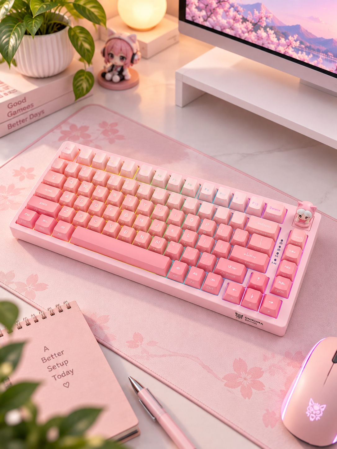 onikuma MT707 Tri-Mode RGB Mechanical Keyboard 81-Key Pink