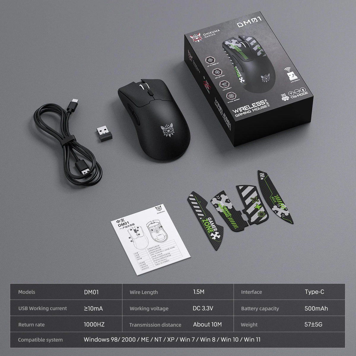 ONIKUMA DM01 Wireless Tri-Mode Gaming Mouse 12800 DPI 50H Battery Black