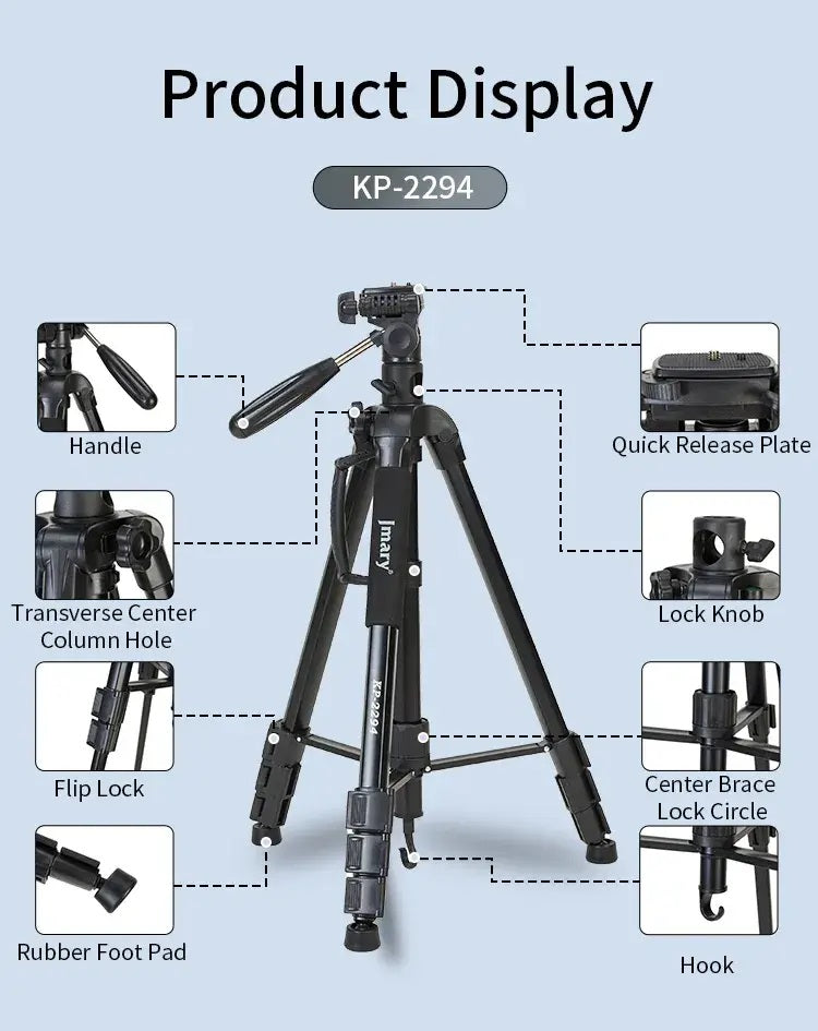 Multifunctional Professional Aluminum Tripod Stand KP-2294 with 3 Way Pan Head, Quick Release Plate & Carry Bag , Lightweight, Adjustable & Universal for DSLR, Mobile & Action Cameras - Black