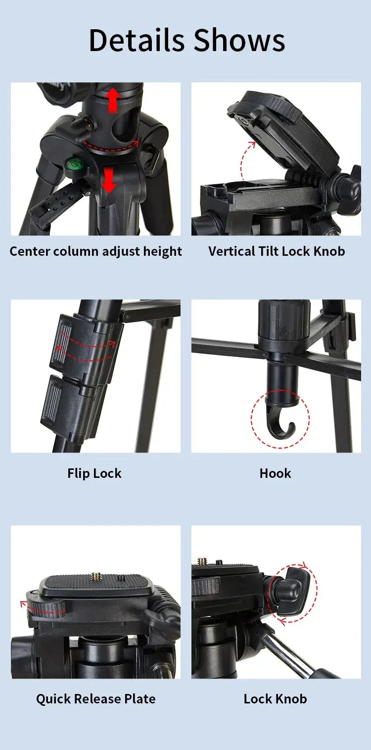 Multifunctional Professional Aluminum Tripod Stand KP-2294 with 3 Way Pan Head, Quick Release Plate & Carry Bag , Lightweight, Adjustable & Universal for DSLR, Mobile & Action Cameras - Black