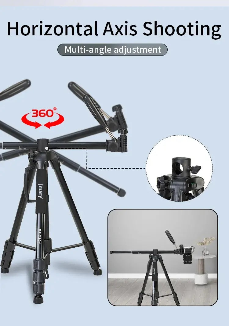Multifunctional Professional Aluminum Tripod Stand KP-2294 with 3 Way Pan Head, Quick Release Plate & Carry Bag , Lightweight, Adjustable & Universal for DSLR, Mobile & Action Cameras - Black