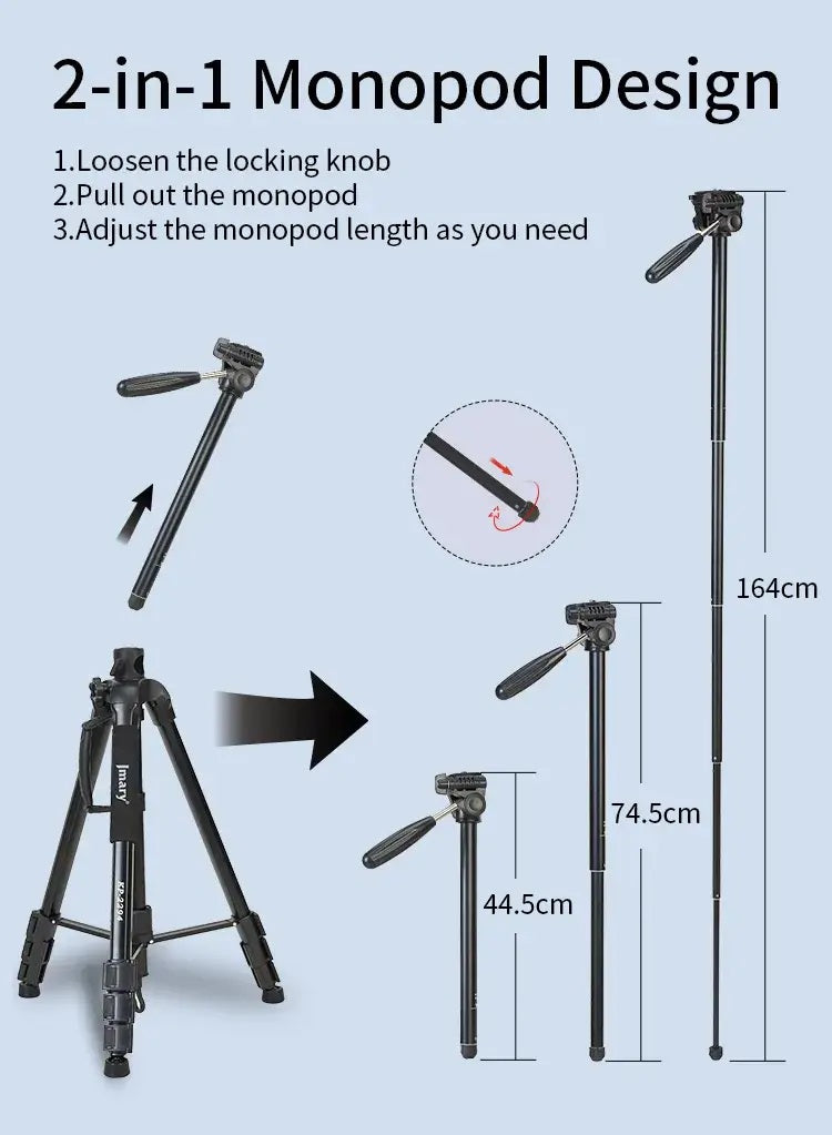 Multifunctional Professional Aluminum Tripod Stand KP-2294 with 3 Way Pan Head, Quick Release Plate & Carry Bag , Lightweight, Adjustable & Universal for DSLR, Mobile & Action Cameras - Black