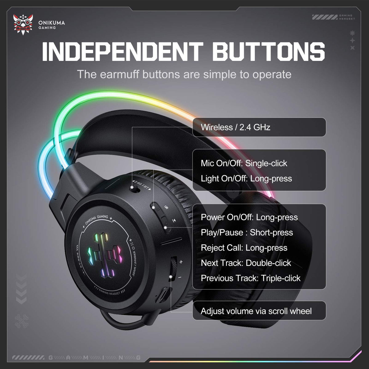 onikuma GT889 Tri-Mode RGB Gaming Headset 2.4GHz Bluetooth 5.4 Wired Black