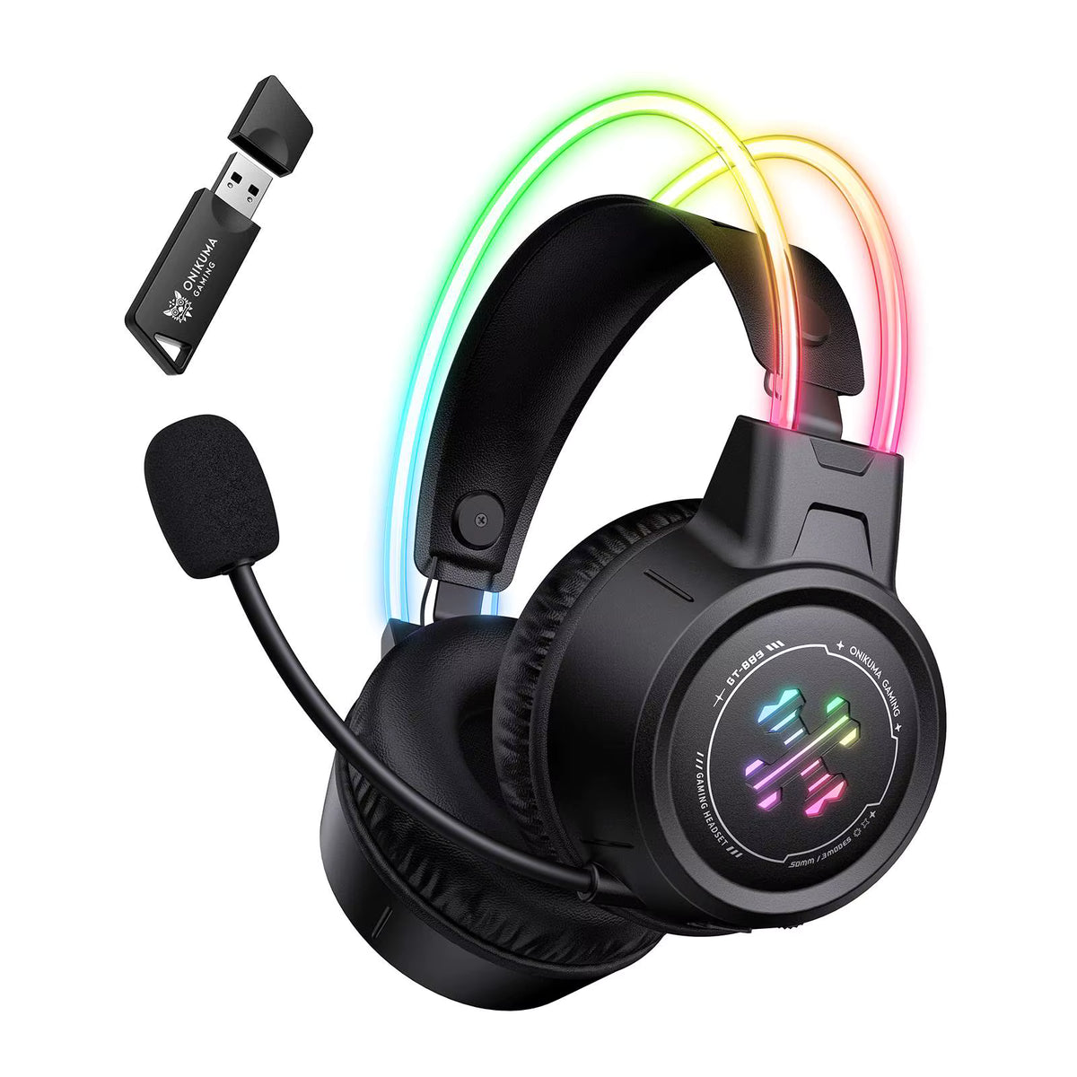 onikuma GT889 Tri-Mode RGB Gaming Headset 2.4GHz Bluetooth 5.4 Wired Black