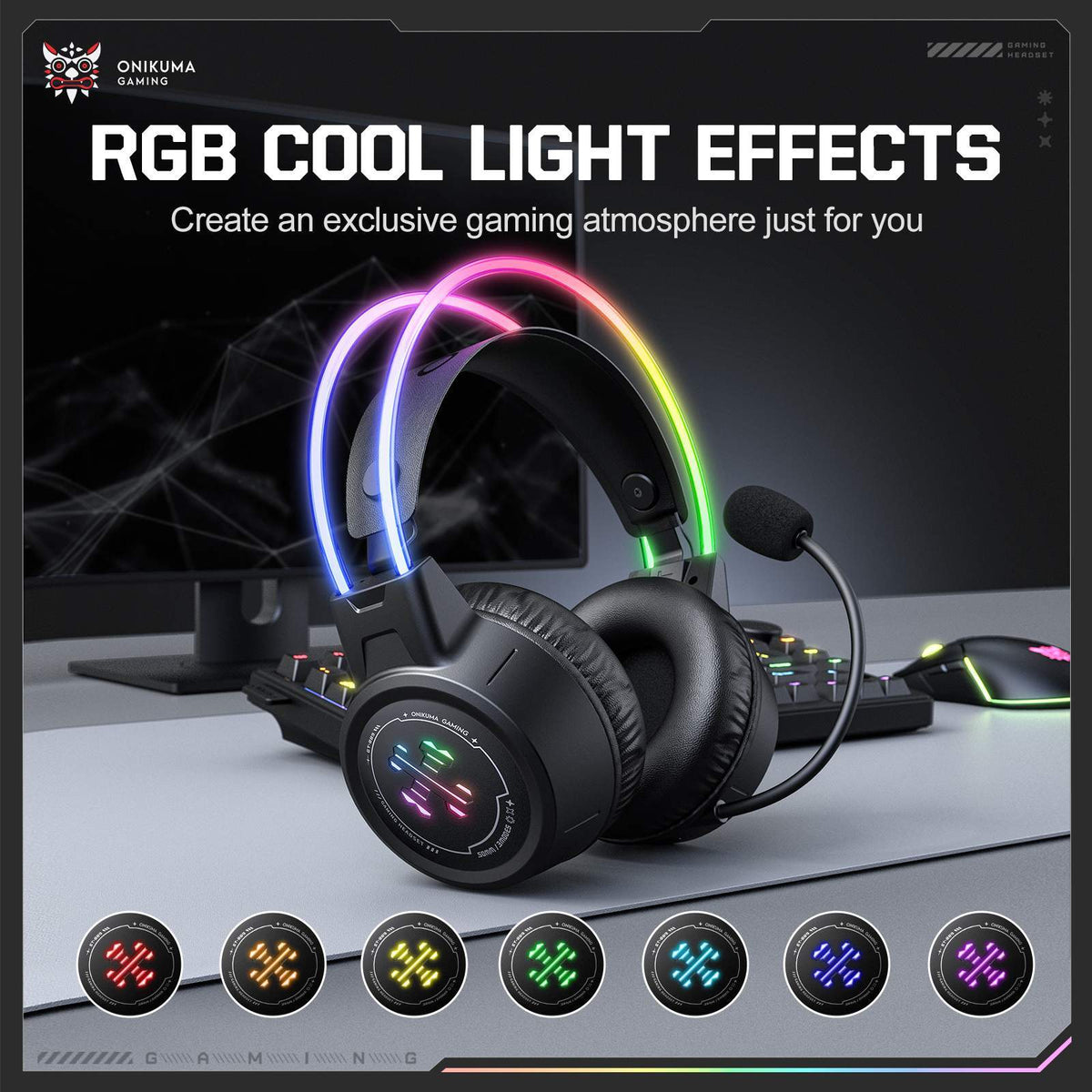 onikuma GT889 Tri-Mode RGB Gaming Headset 2.4GHz Bluetooth 5.4 Wired Black