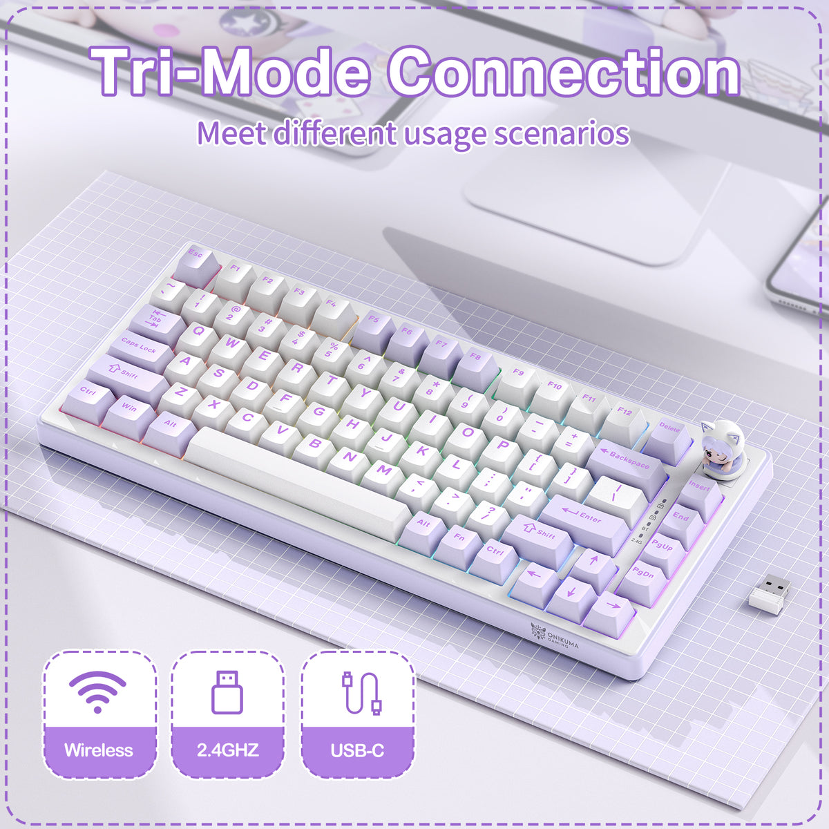 onikuma MT707 Tri-Mode RGB Mechanical Keyboard 81-Key Purple