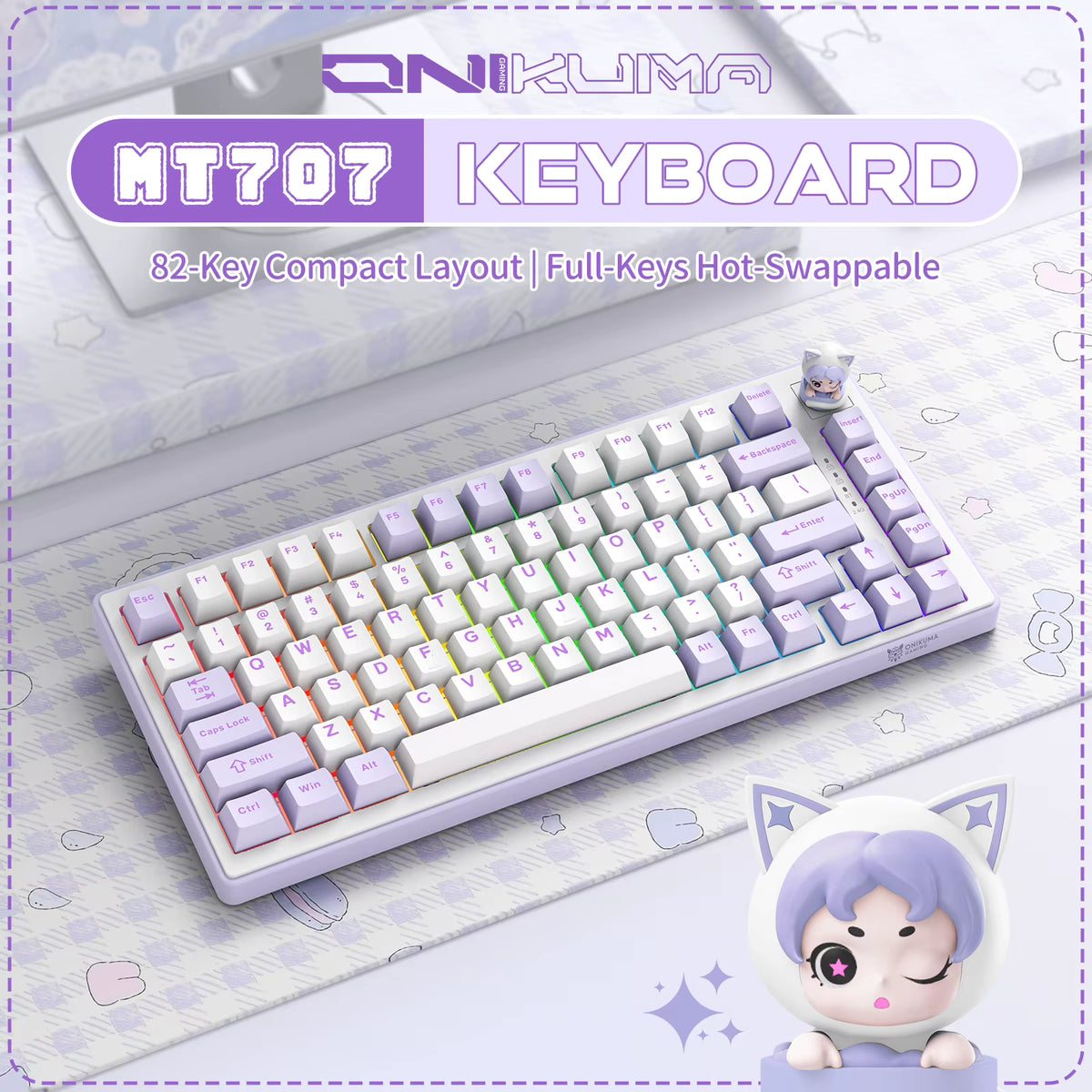 onikuma MT707 Tri-Mode RGB Mechanical Keyboard 81-Key Purple