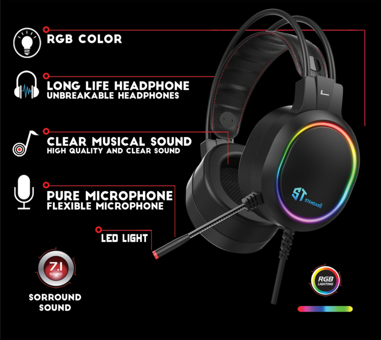 Standard GM-09 USB RGB 7.1 Virtual Surround Gaming Headset,3D Sound Effect For Mobile ,PC,PS4