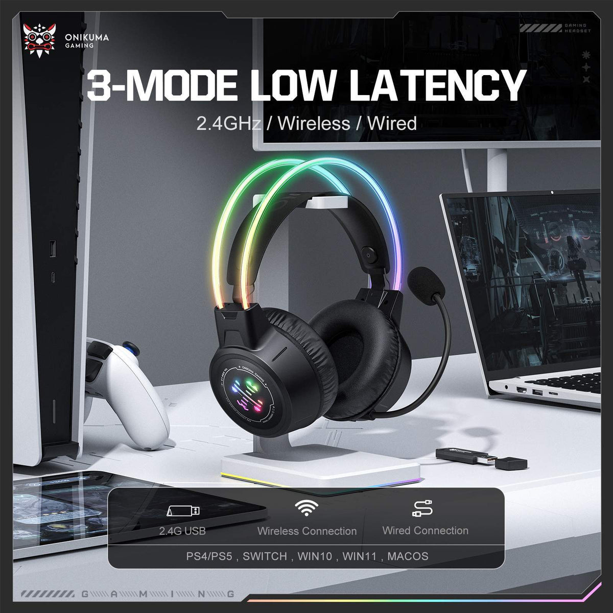 onikuma GT889 Tri-Mode RGB Gaming Headset 2.4GHz Bluetooth 5.4 Wired Black