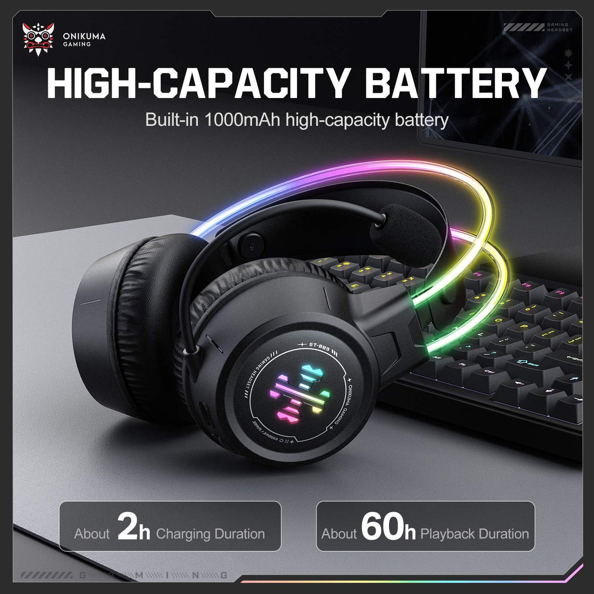 onikuma GT889 Tri-Mode RGB Gaming Headset 2.4GHz Bluetooth 5.4 Wired Black
