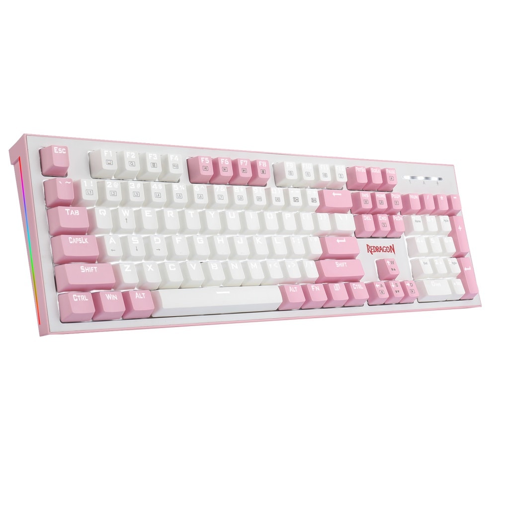 Redragon K623 HADES Mechanical Gaming Keyboard White and Pink Colors ,Side RGB Lighting, Blue Switch