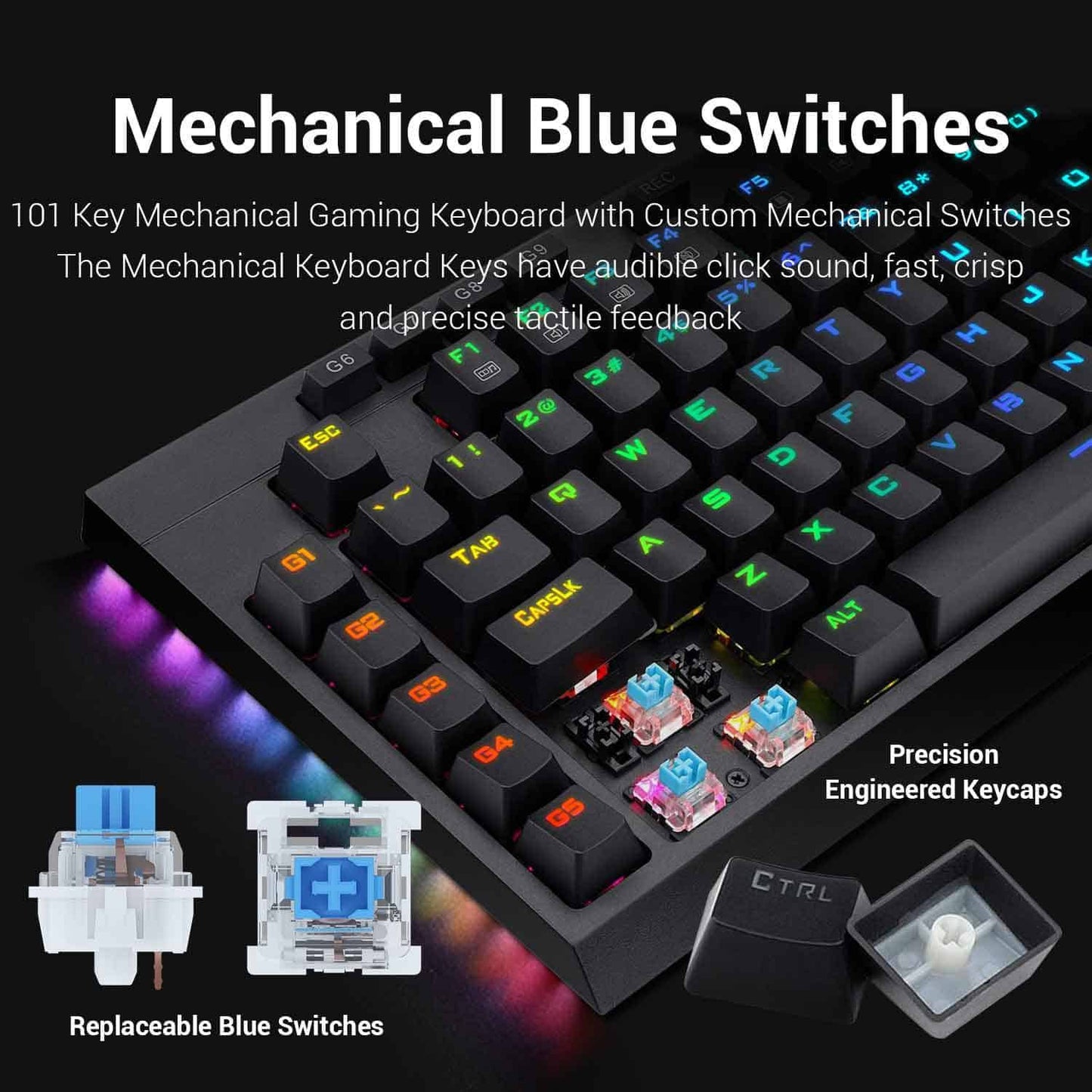 Redragon K588 Broadsword RGB Mechanical Gaming Keyboard, Blue Switches