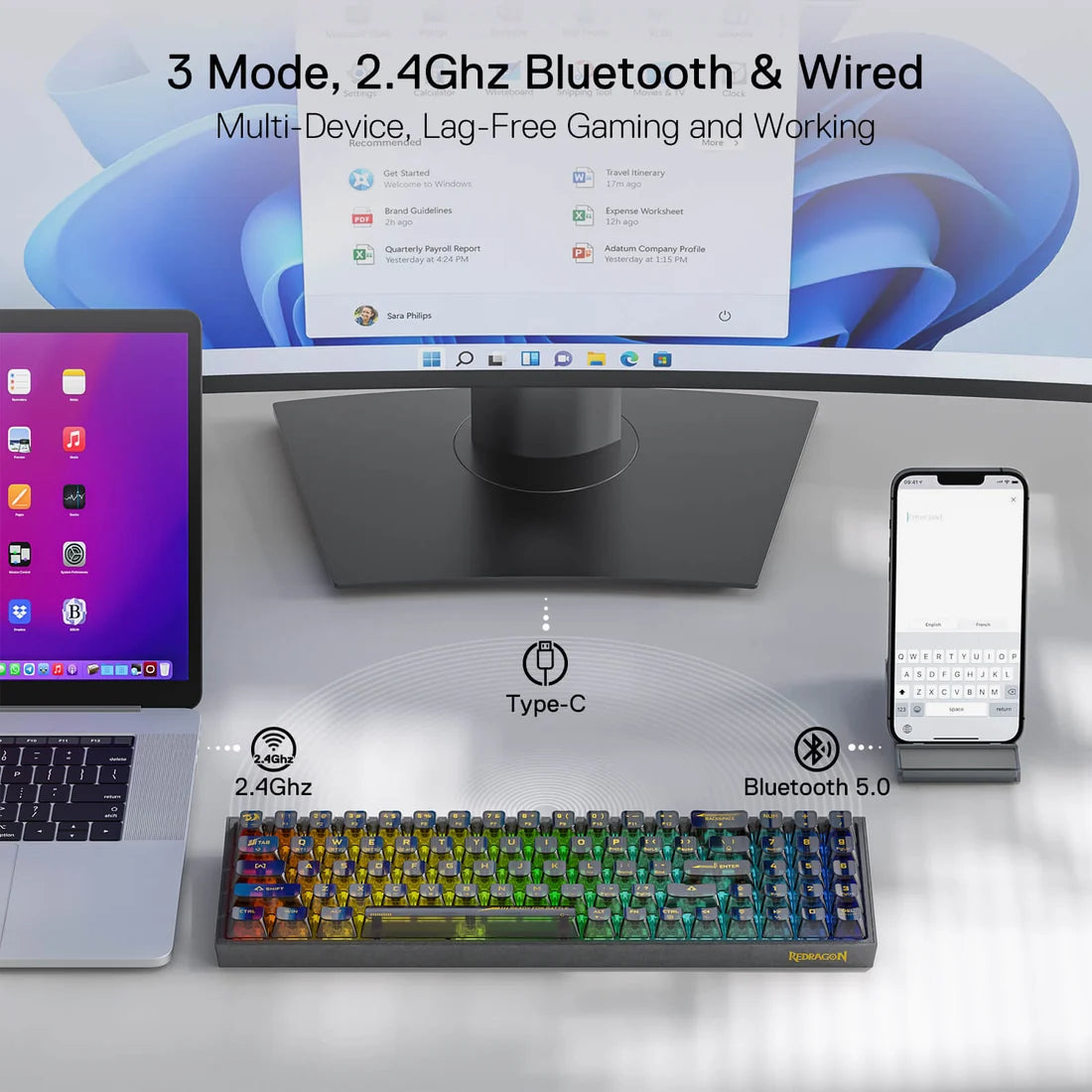 Redragon K628 PRO CTB 75% Transparent Wireless Mechanical Gaming Keyboard Black