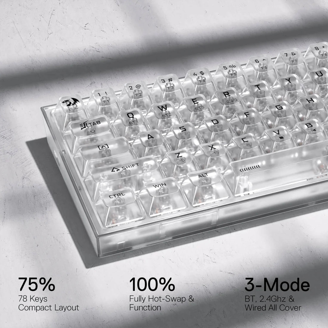 Redragon K628 PRO SE 75% Transparent Wireless Mechanical Gaming Keyboard White